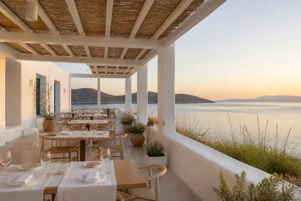Meltem restoranının beyaz pergolalı terasında gün batımı