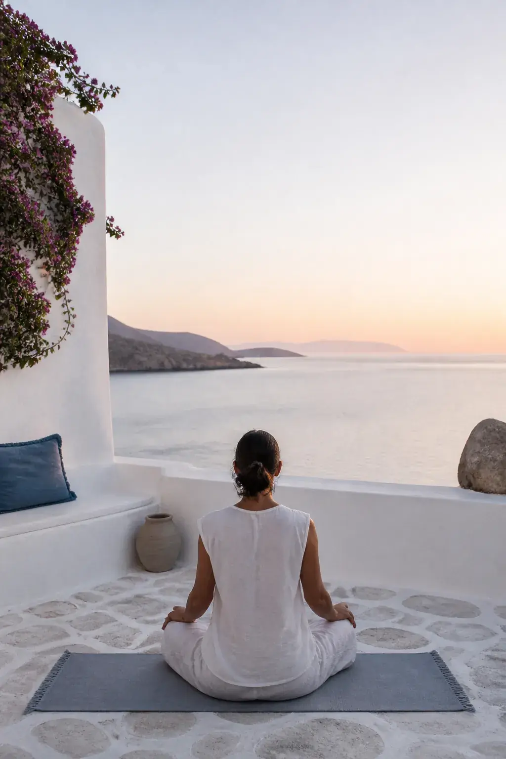 Gün doğumunda denize bakan terasta yoga