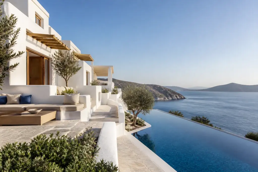 Datça'da denize doğru basamaklanan beyaz modern otel ve sonsuzluk havuzu