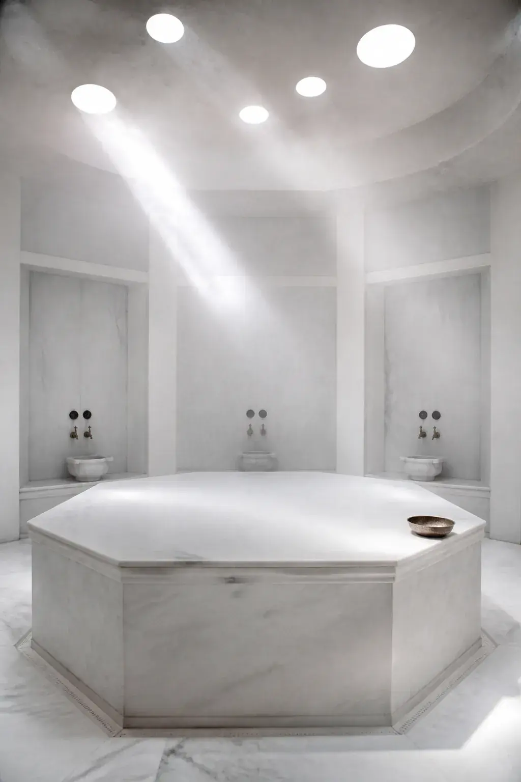Yuvarlak ışıklıklı beyaz mermer hamam