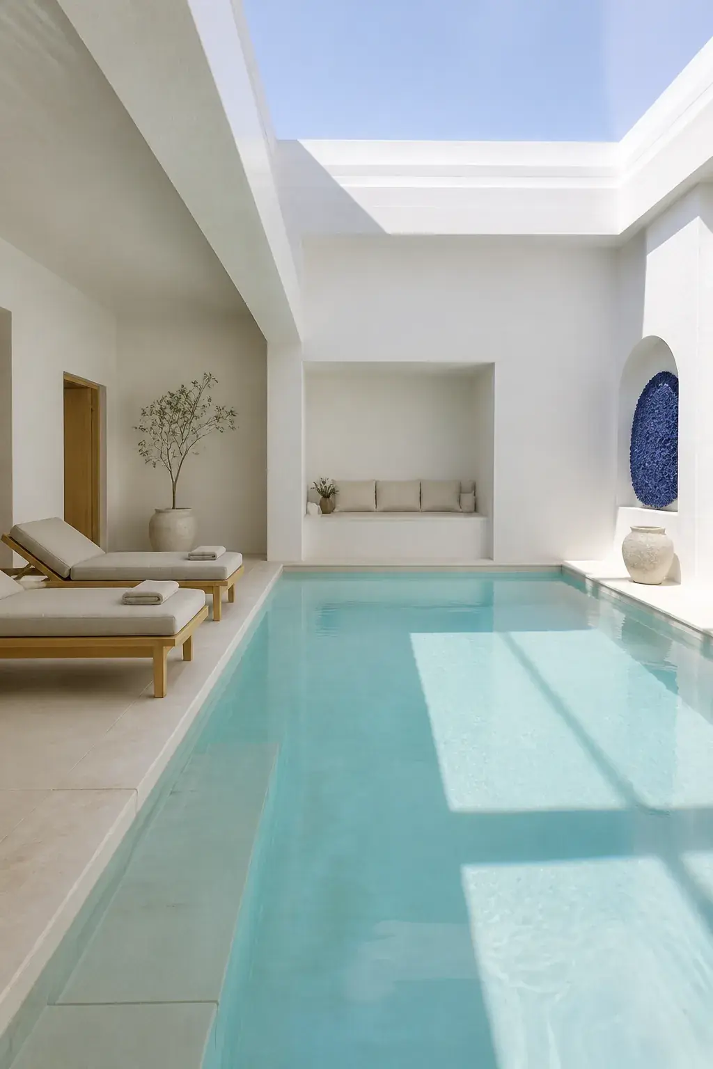 Gün ışıklı beyaz taş kapalı spa havuzu