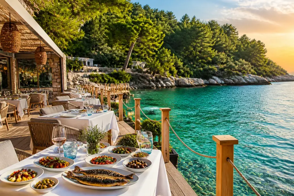 İskele restoranında gün batımında akşam yemeği