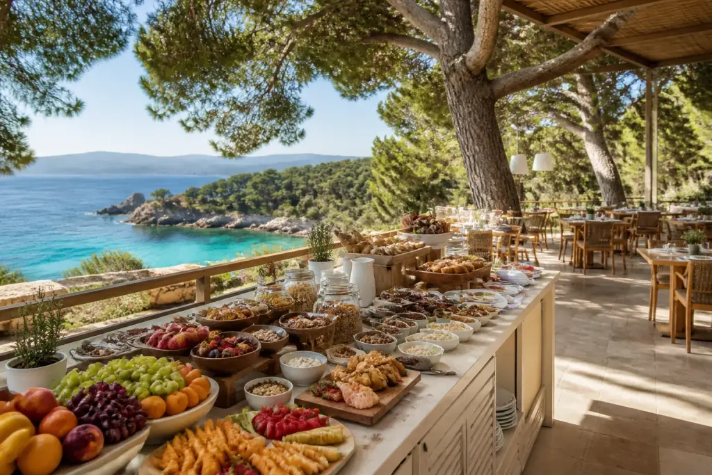 Pinia restoranında çam ağaçları altında kahvaltı