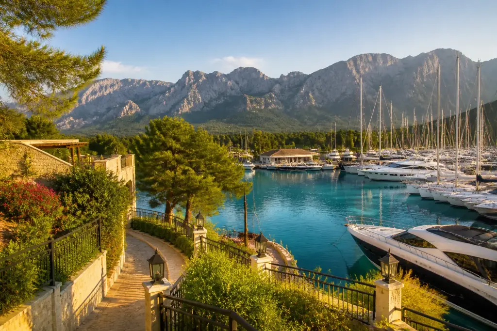 Gün batımında Kemer marina ve Toros Dağları