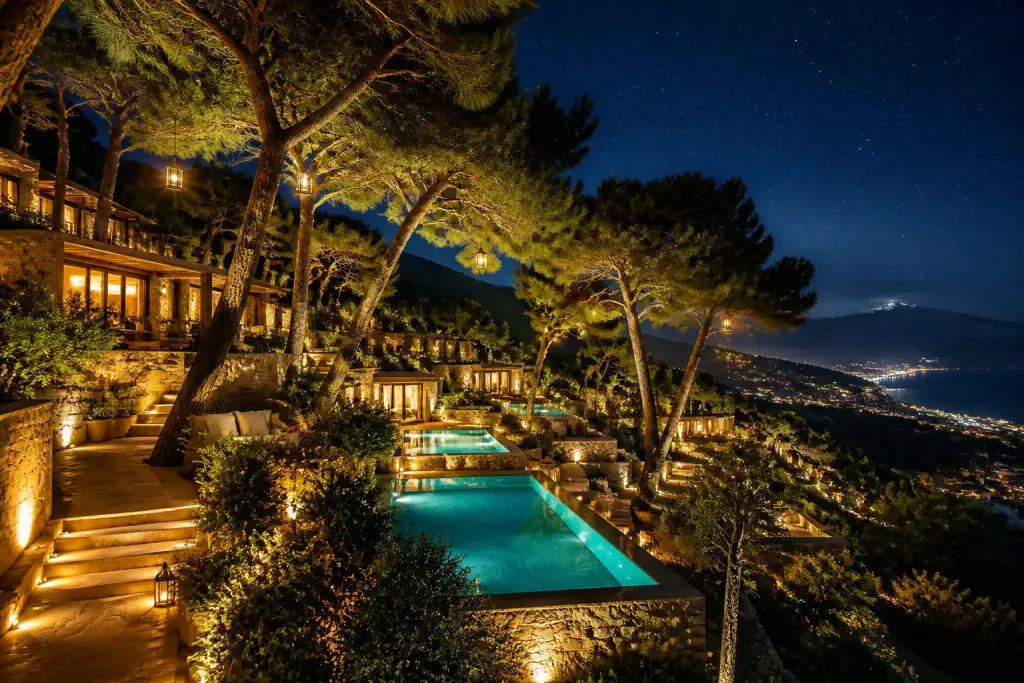 Gece aydınlatılmış havuzlar ve çam ağaçları
