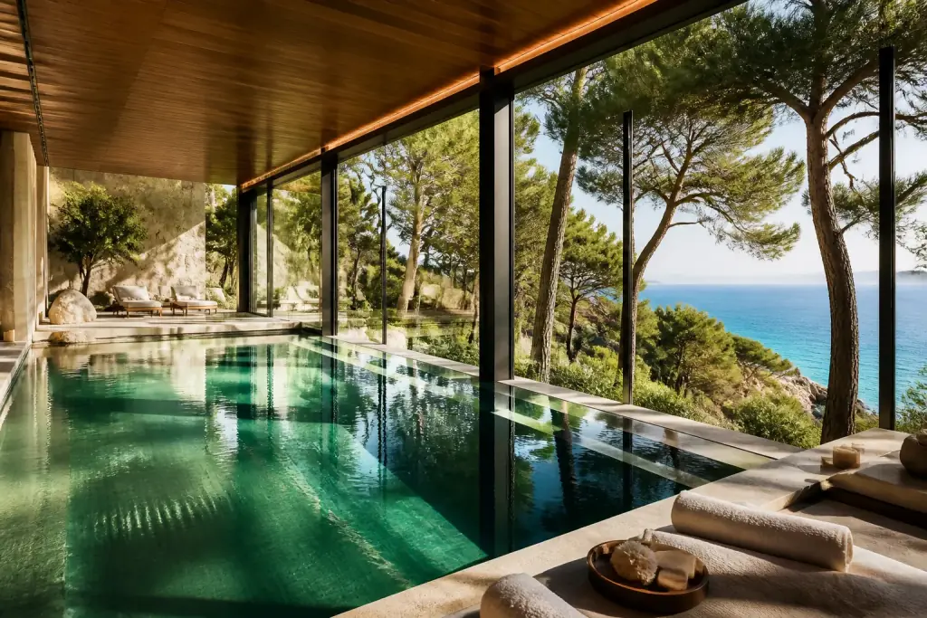 Çam ormanına açılan cam duvarlı spa havuzu