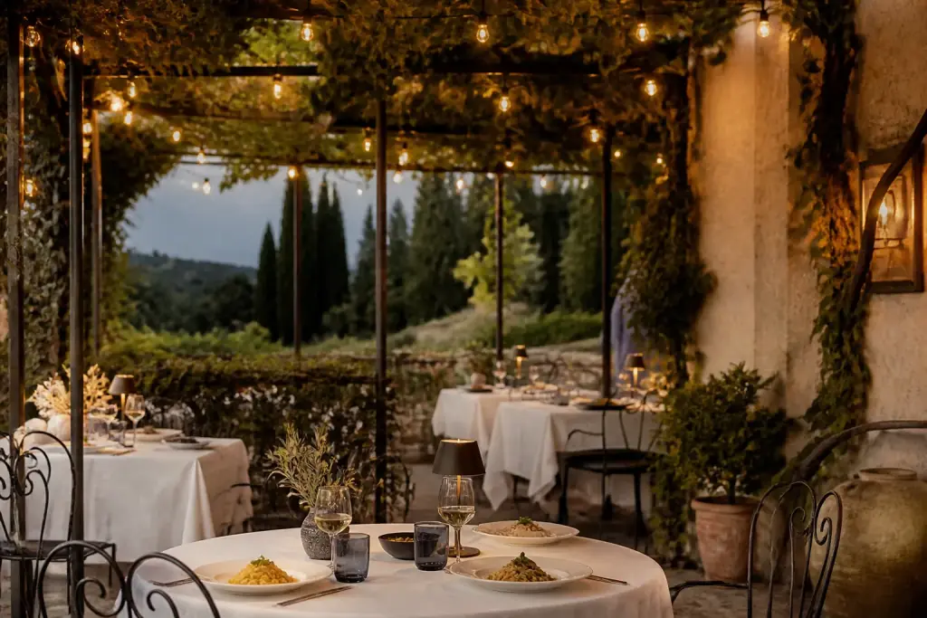 Olivo restoranı asma pergola altında akşam