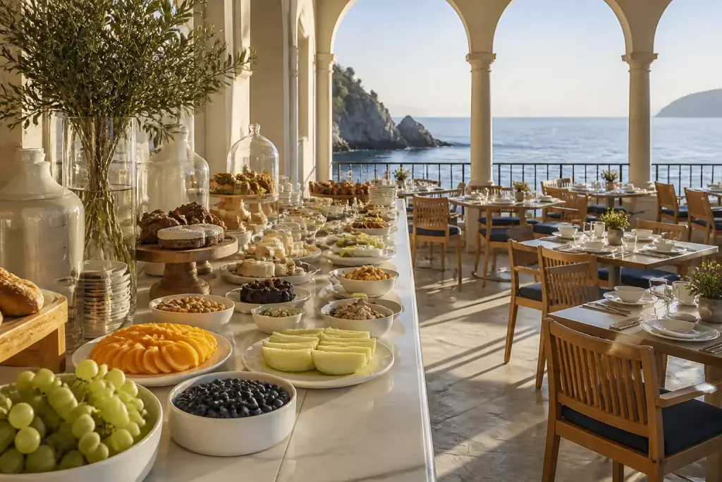 Mavi restoran terasında Akdeniz kahvaltısı
