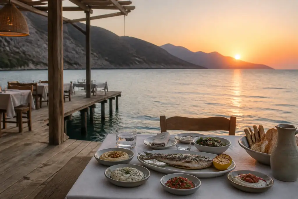 İskele restoranında gün batımında balık