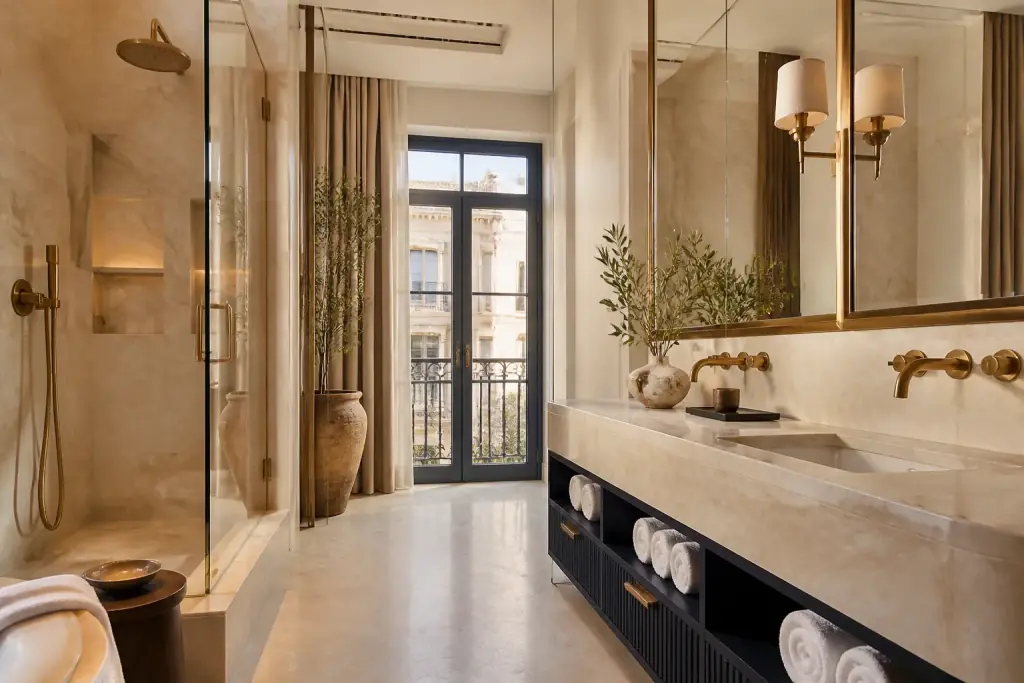 Çift lavabolu mermer banyo