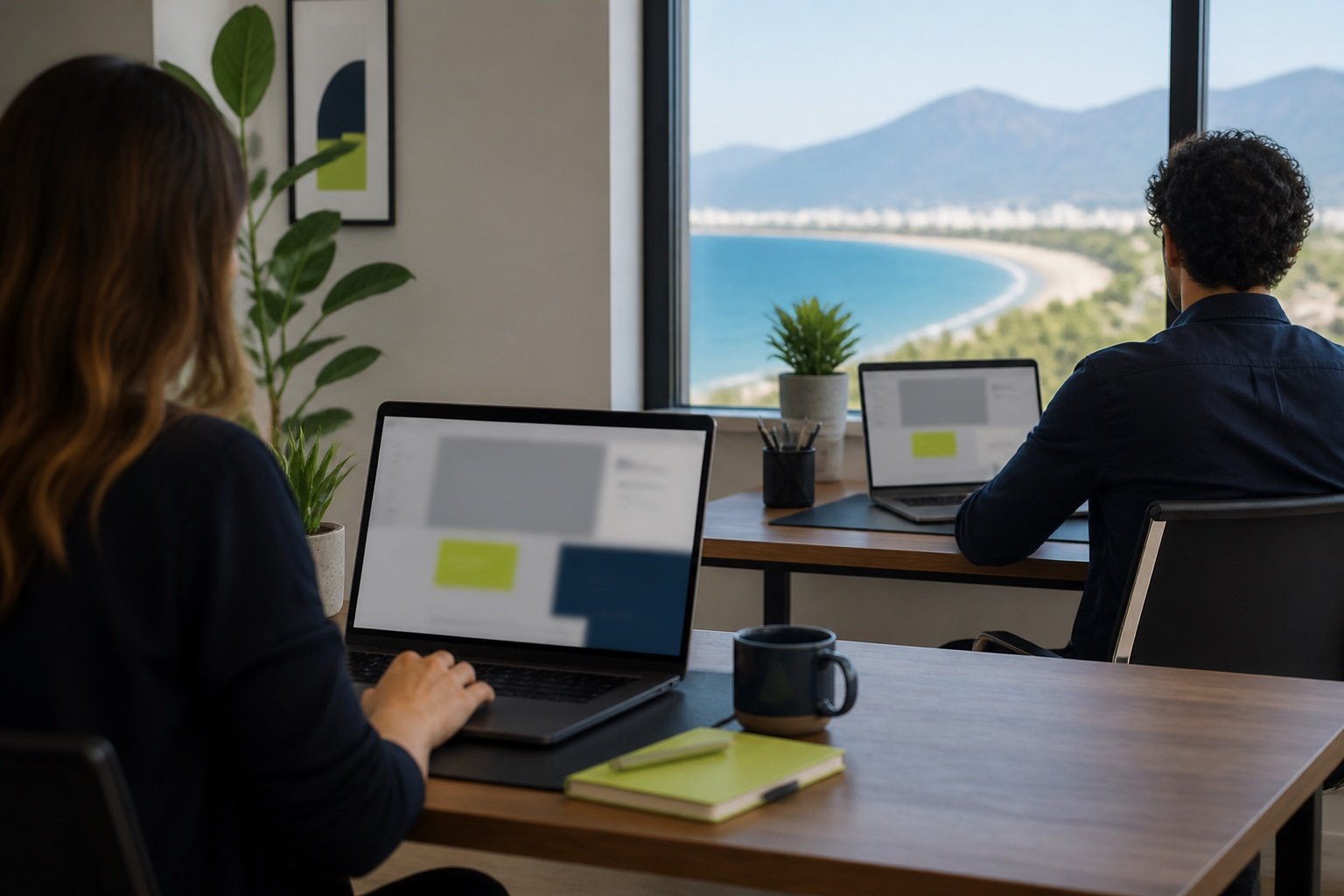 Small Antalya web design studio with laptops showing abstract website layouts and a Konyaalti coastline view