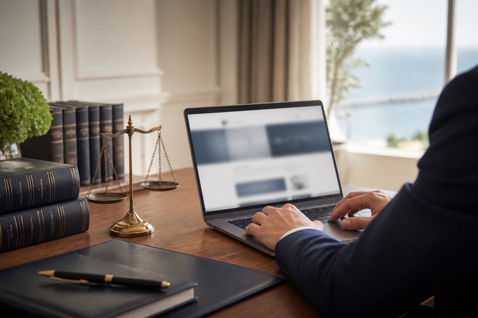 Law office desk with leather books, a scale and a laptop showing a website