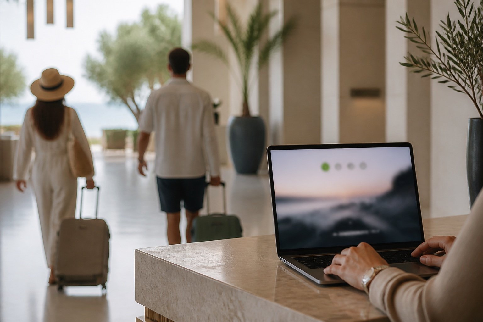 Hotel lobby reception desk in Antalya with a laptop showing an abstract website with language tabs