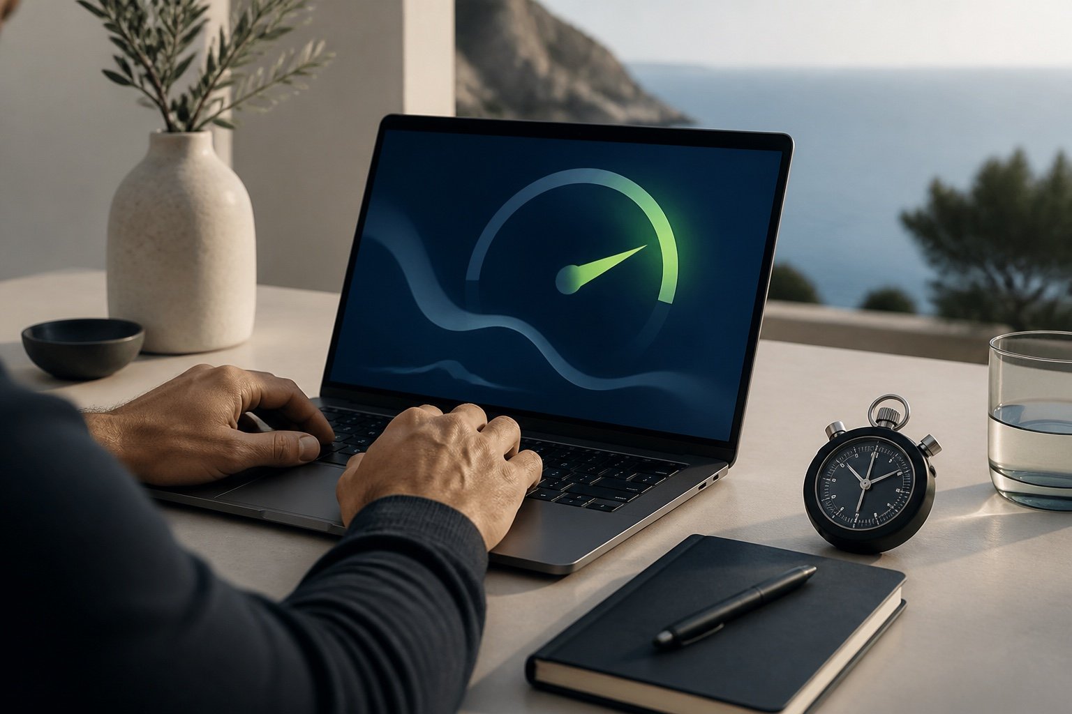Laptop showing an abstract speed gauge dashboard in navy and lime beside a stopwatch
