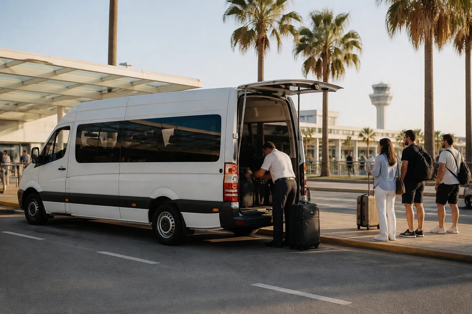 Antalya Havalimanı'nda misafirlerin bavullarını yükleyen beyaz transfer minibüsü
