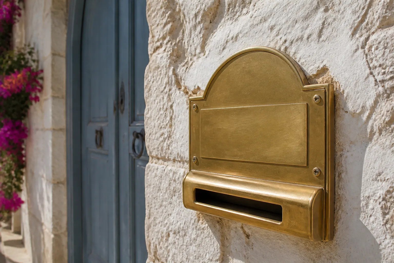A blank brass address plate on a stone wall beside a blue door in Antalya's old town