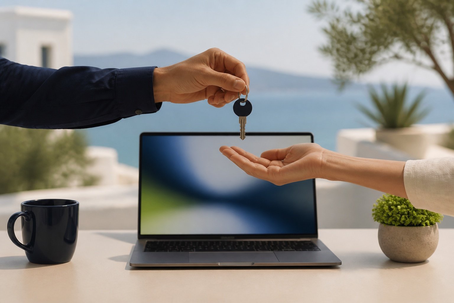 A key passed hand to hand above a laptop symbolizing a domain transfer
