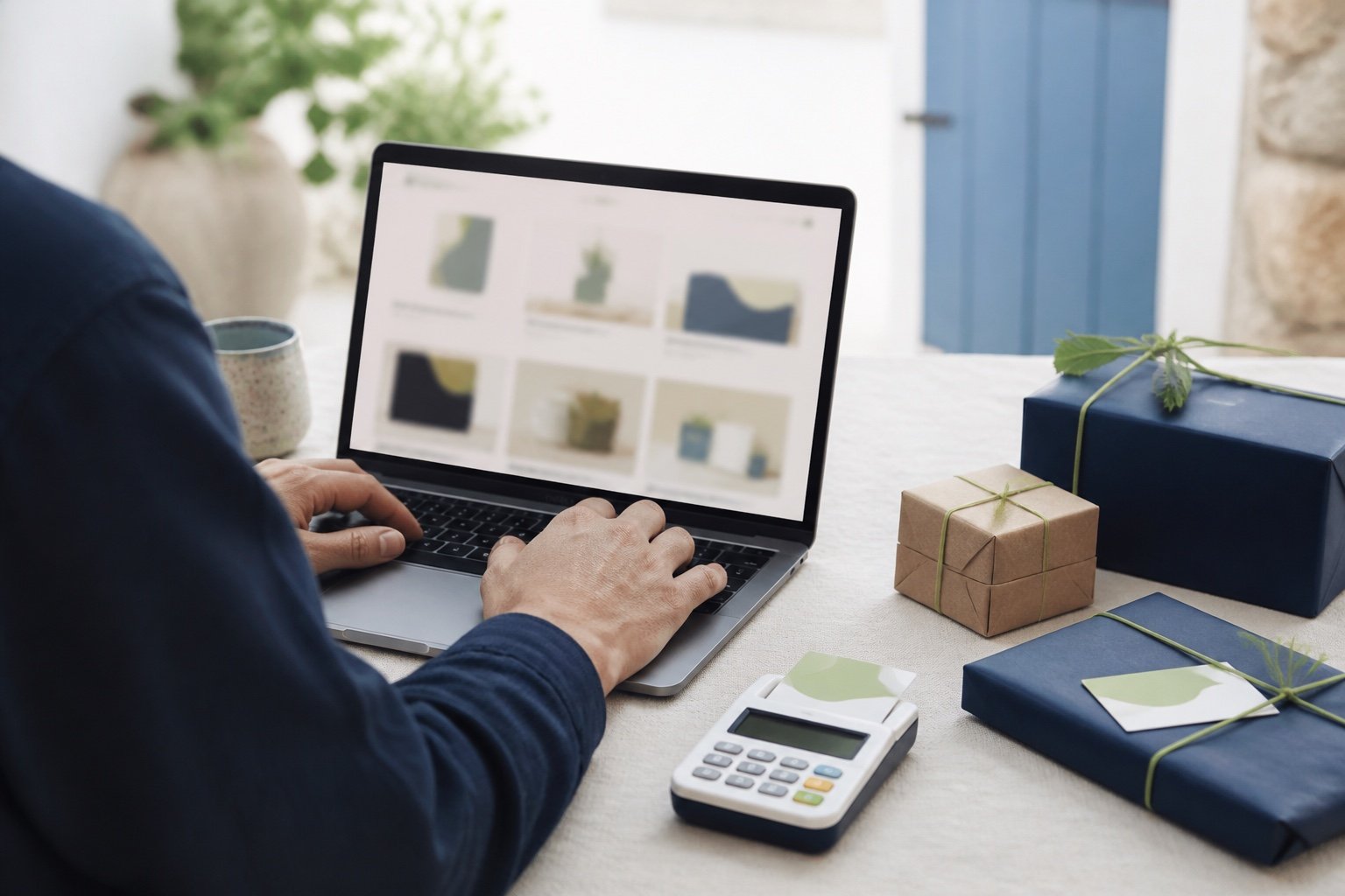 Laptop showing an abstract online store grid with neatly wrapped packages and a card reader