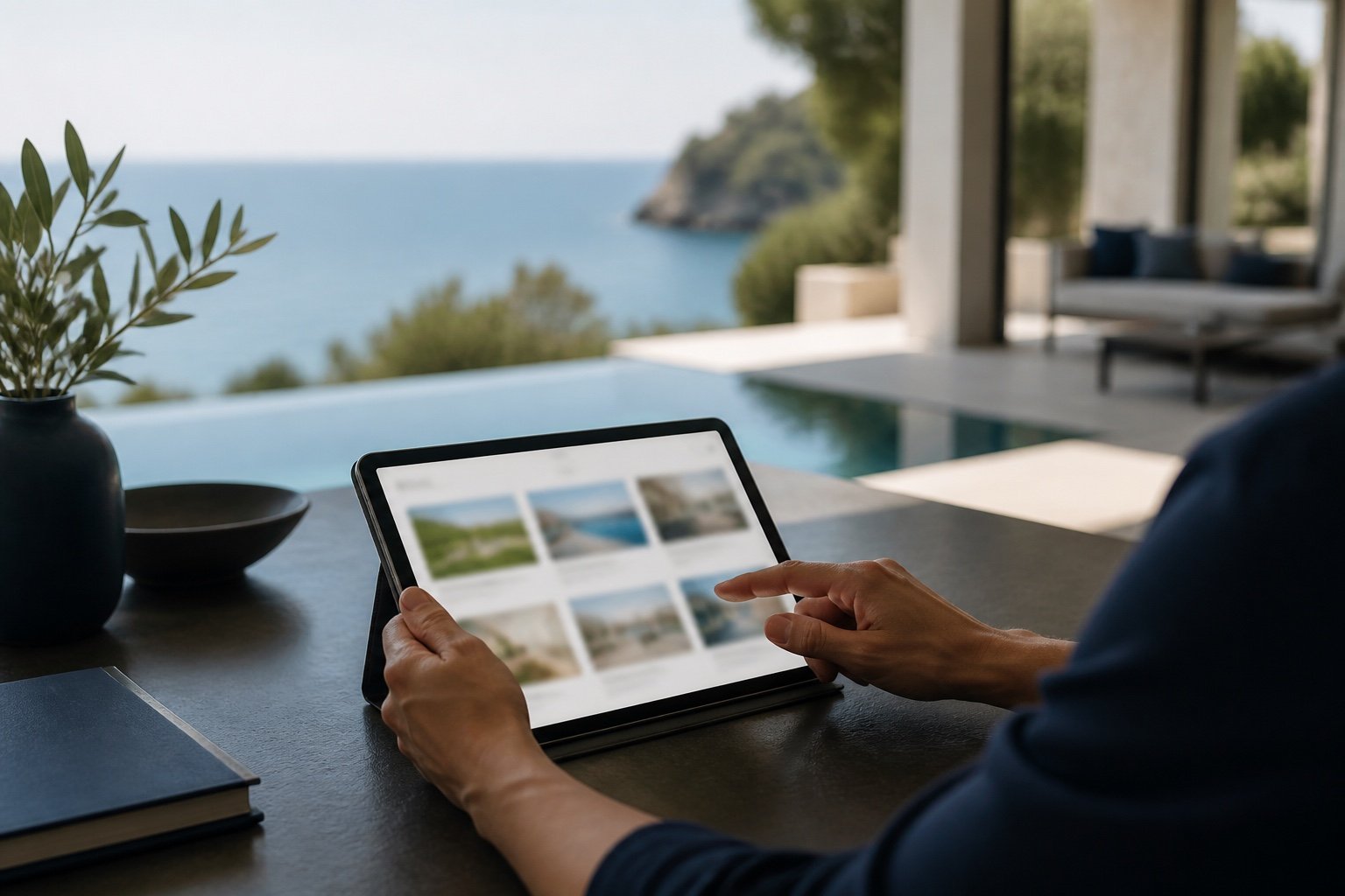 Tablet showing an abstract property listing grid with a blurred sea-view villa in the background