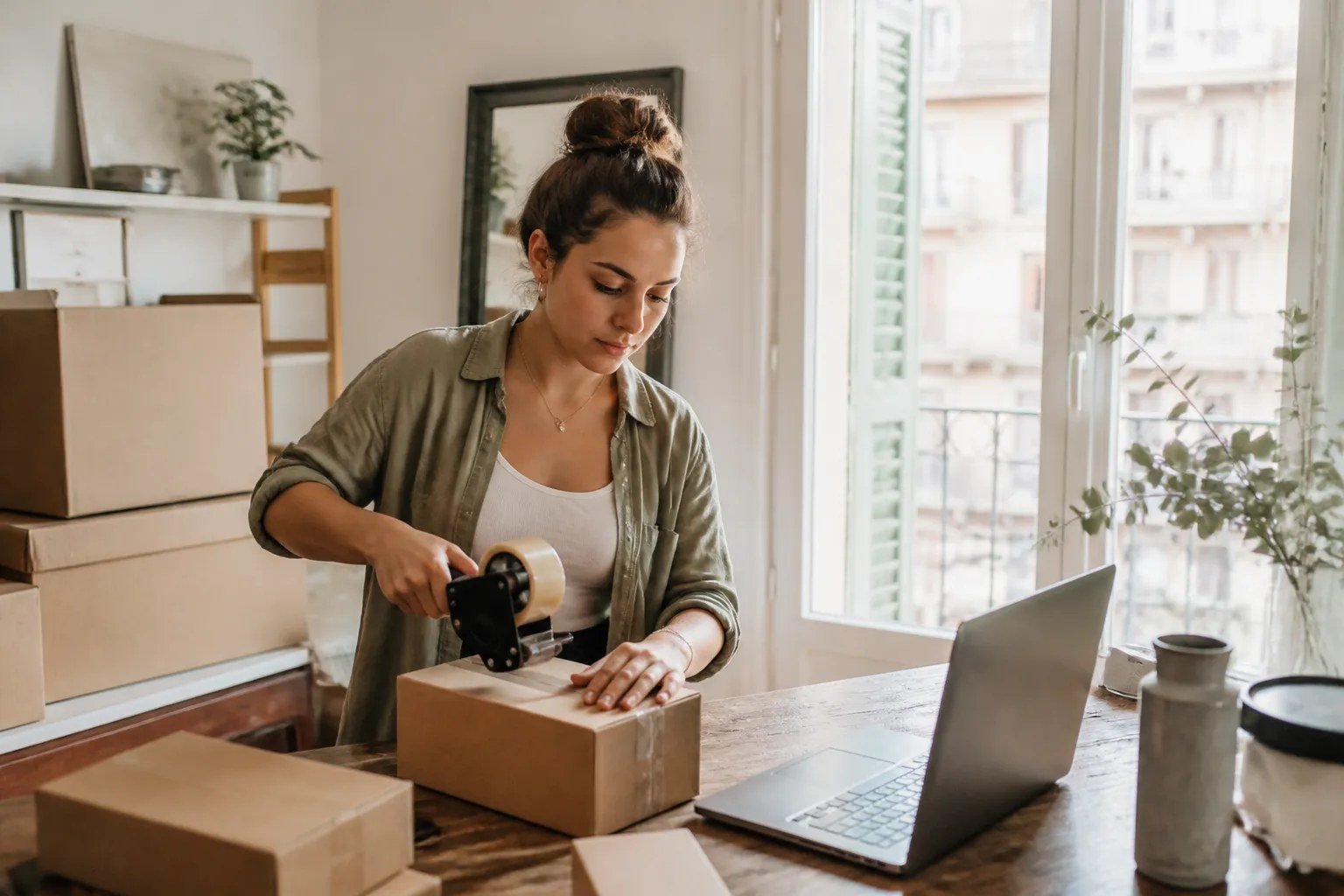 Ev ofisinde sipariş paketleyen e-ticaret girişimcisi