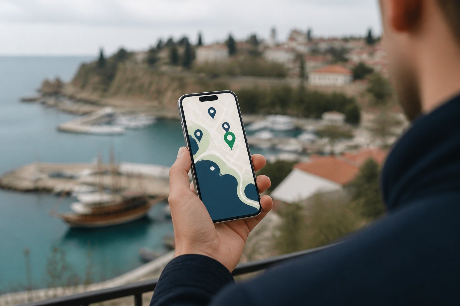 Antalya limanı önünde konum işaretli harita gösteren akıllı telefon