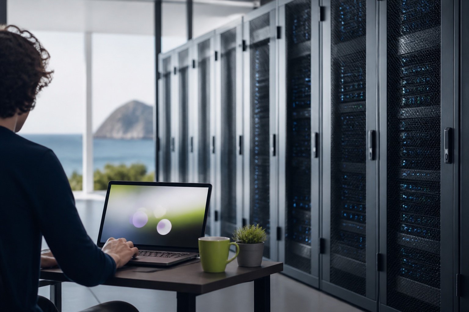 Rows of servers with soft navy lights in a data center with a laptop in the foreground