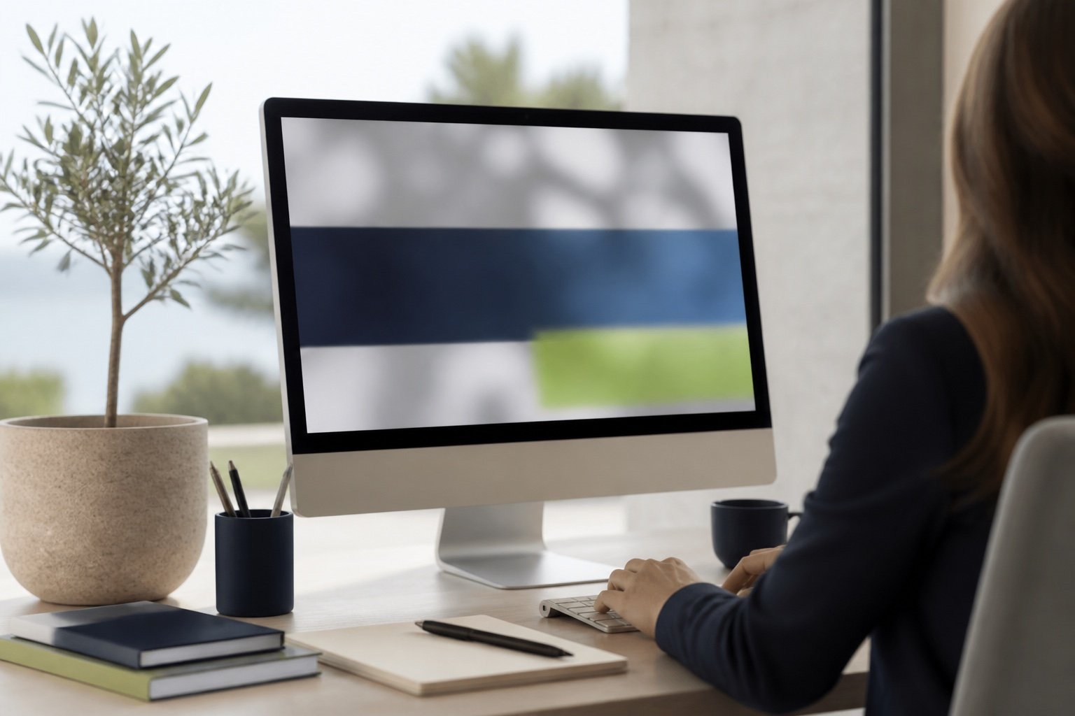 Soyut kurumsal site tasarımı gösteren büyük monitörlü modern ofis masası ve zeytin bitkisi