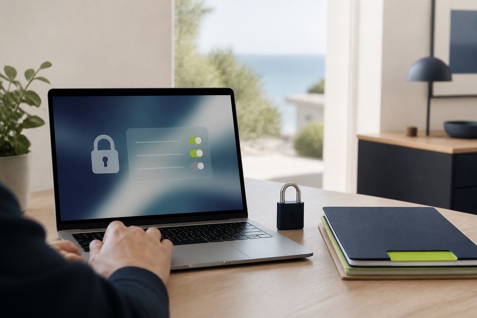 Laptop showing an abstract privacy consent panel with a padlock and a stacked folder