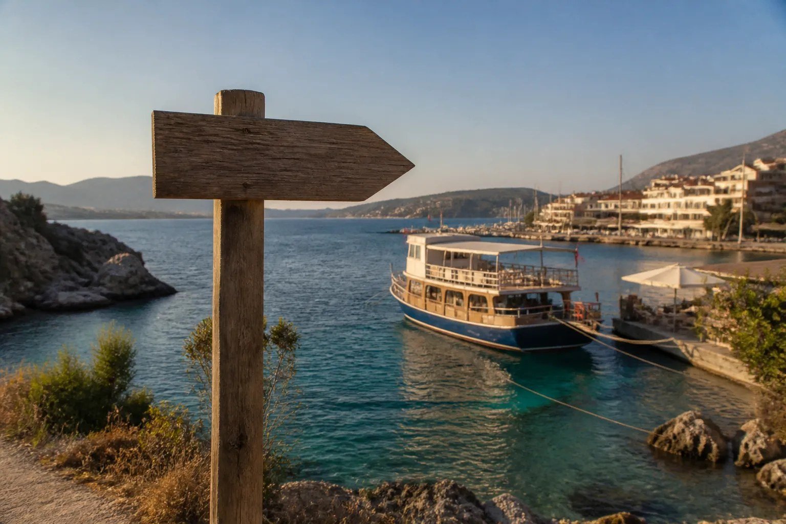 Kaş'ta limandaki tur teknesini işaret eden tek yönlü boş ahşap tabela