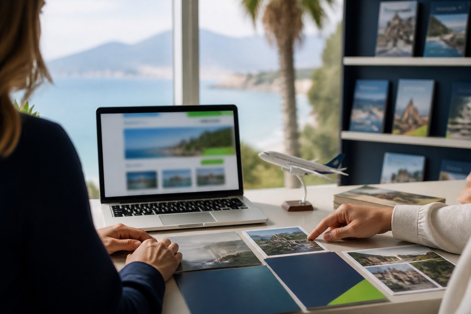 Travel agency desk in Antalya with brochures, a model airplane and a laptop showing an abstract tour booking page
