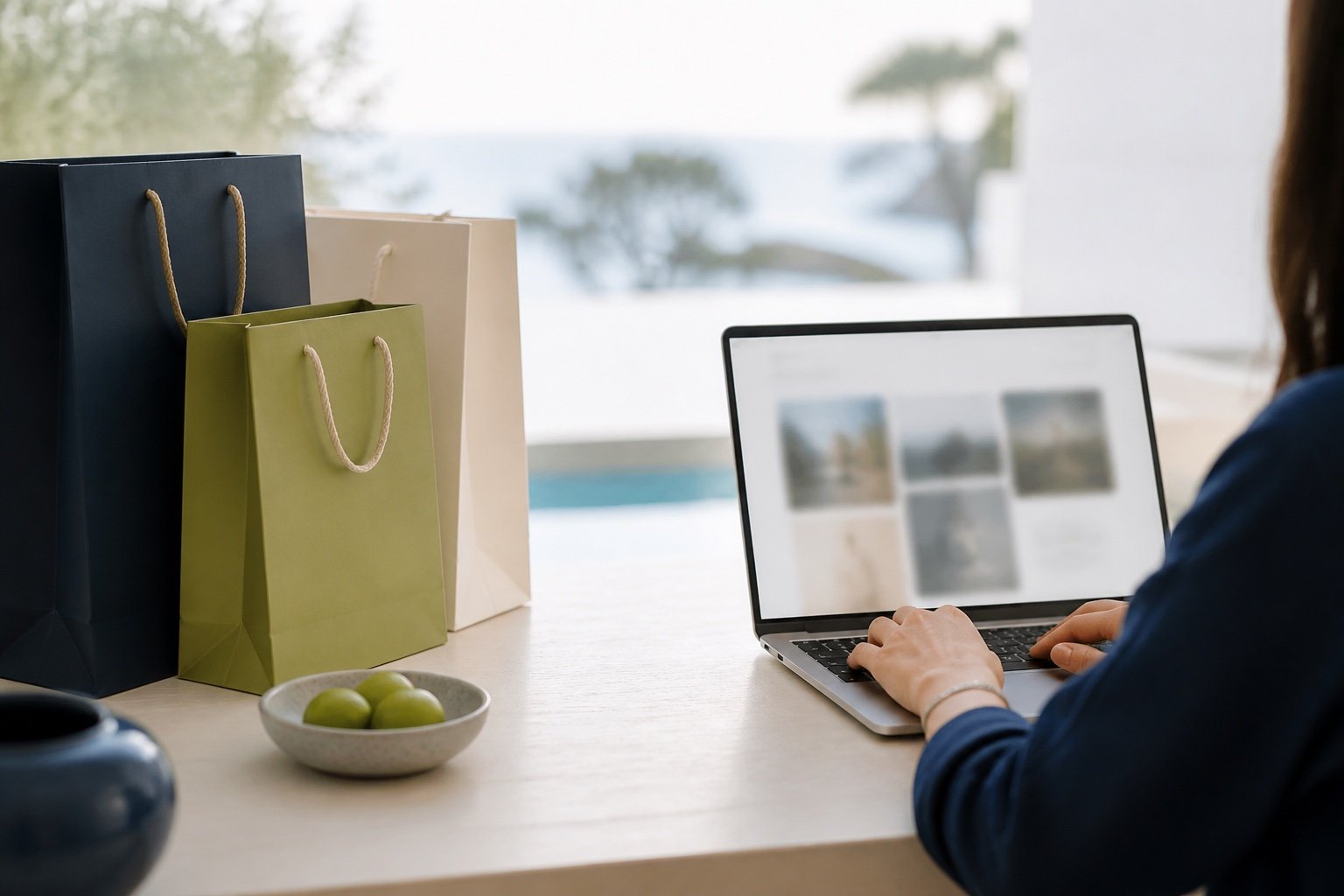 Bir tarafta alışveriş poşetleri diğer tarafta bulanık online mağaza ekranı