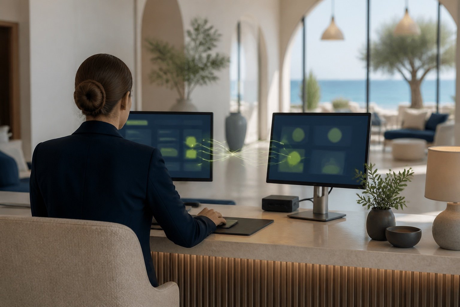Otel ön büroda birbirine bağlı iki panel gösteren monitörler