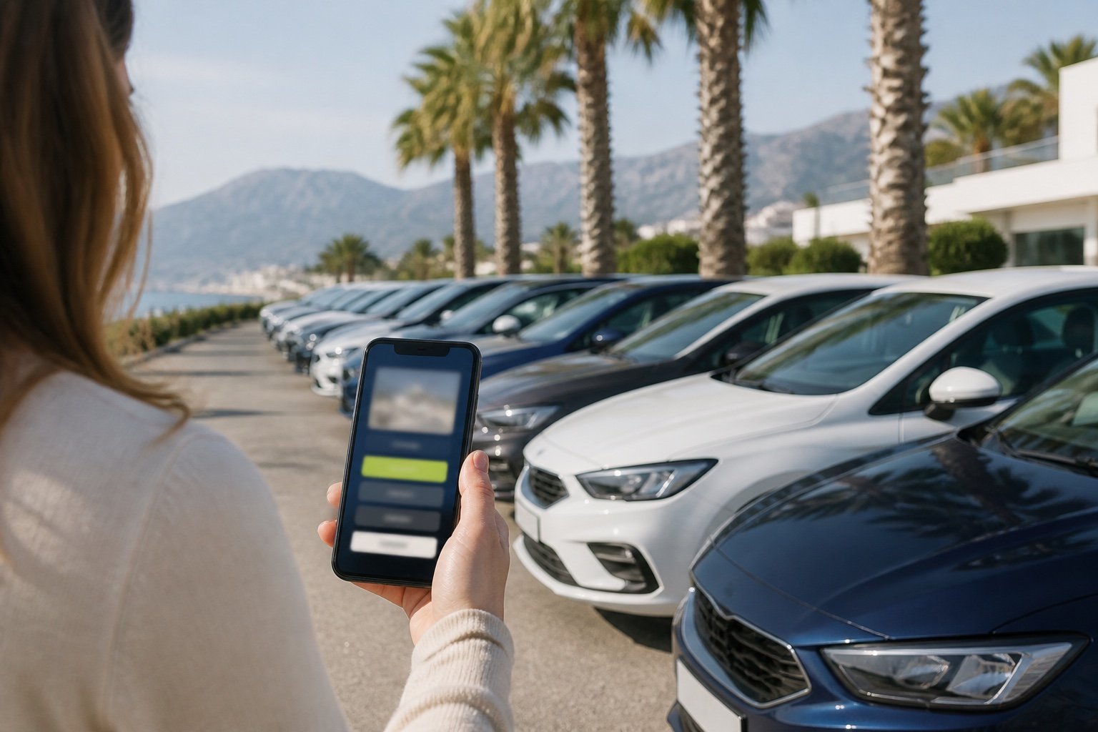 Antalya'da palmiyeler altında park halinde kiralık araçlar ve telefon ekranı