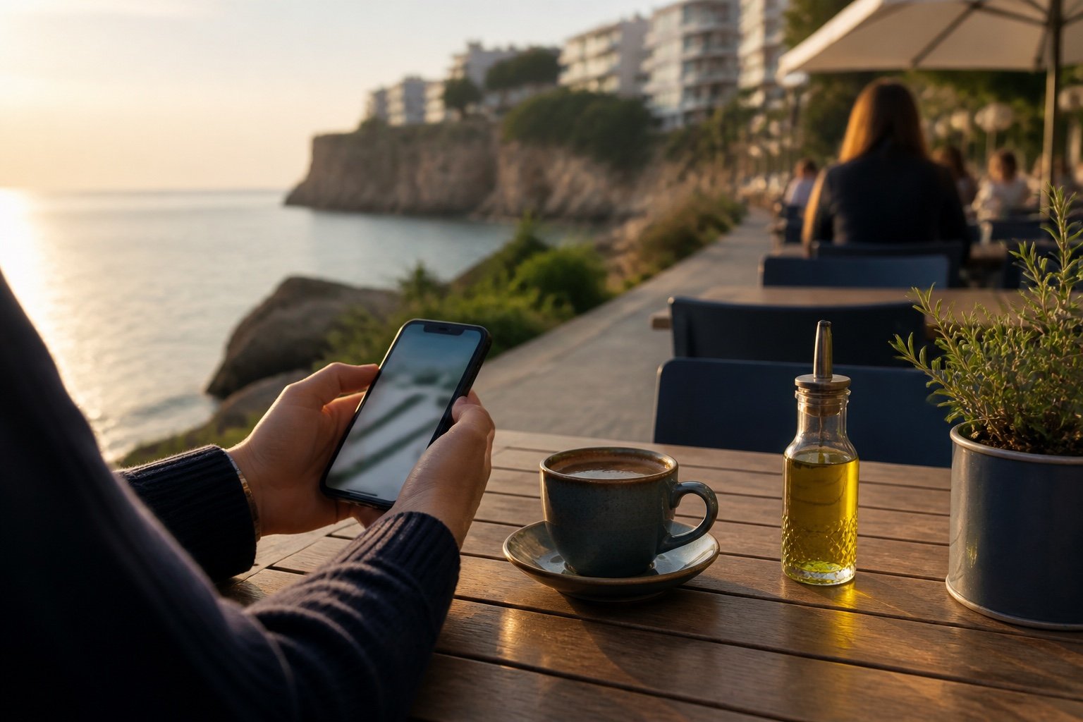 Seaside cafe terrace in Antalya with a phone showing a blurred menu page
