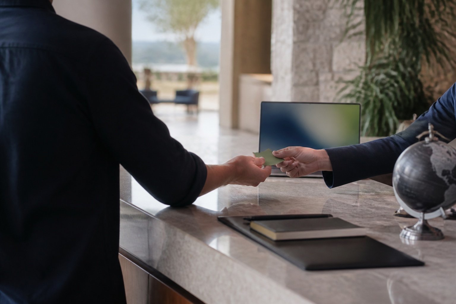 Antalya'da otel resepsiyonunda küçük küre ve çok dilli site gösteren bilgisayar