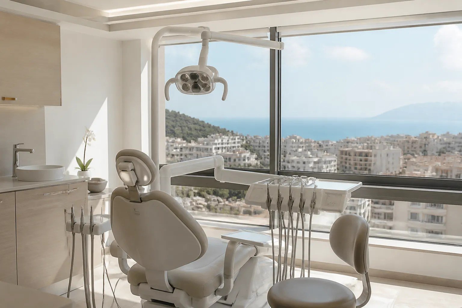 Akdeniz manzaralı, aydınlık ve modern bir diş kliniği tedavi odası