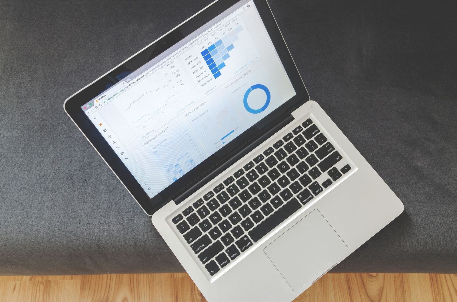Overhead view of a laptop displaying data charts and graphs
