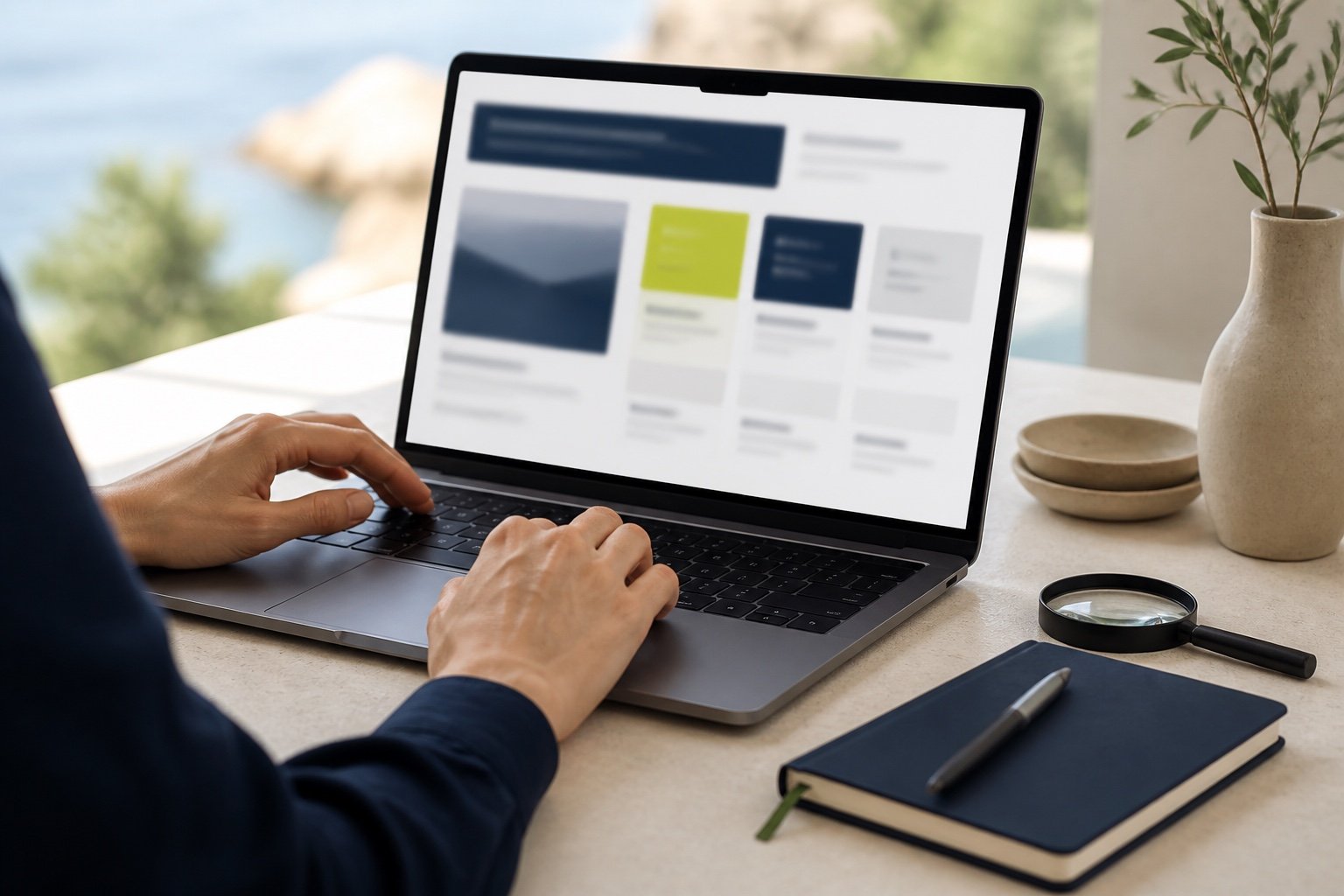 Laptop showing an abstract search results page with a magnifying glass and a notebook