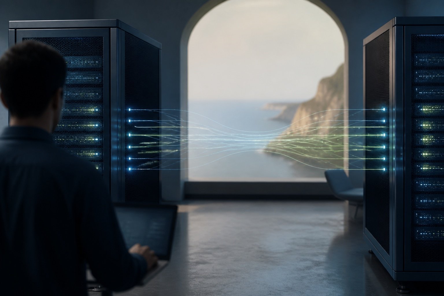 Two server racks linked by glowing data lines symbolizing a site migration
