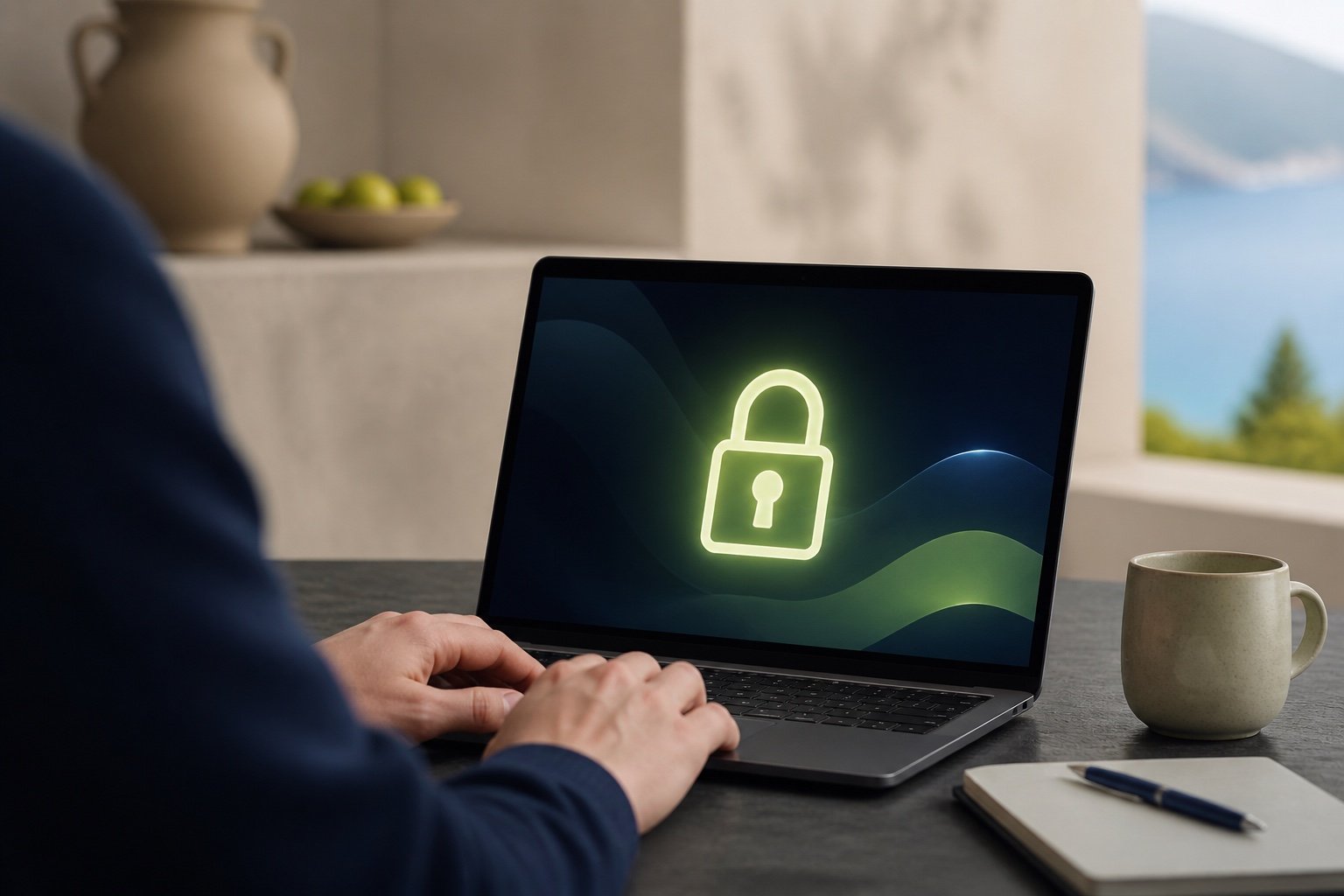Softly glowing padlock symbol floating in front of a laptop on a dark desk