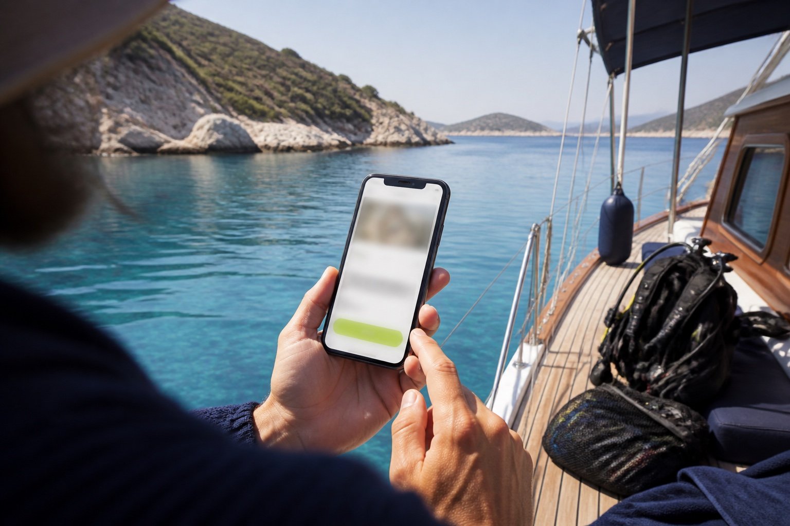 Kaş açıklarında demirli ahşap tekne, güvertede dalış ekipmanı ve telefon