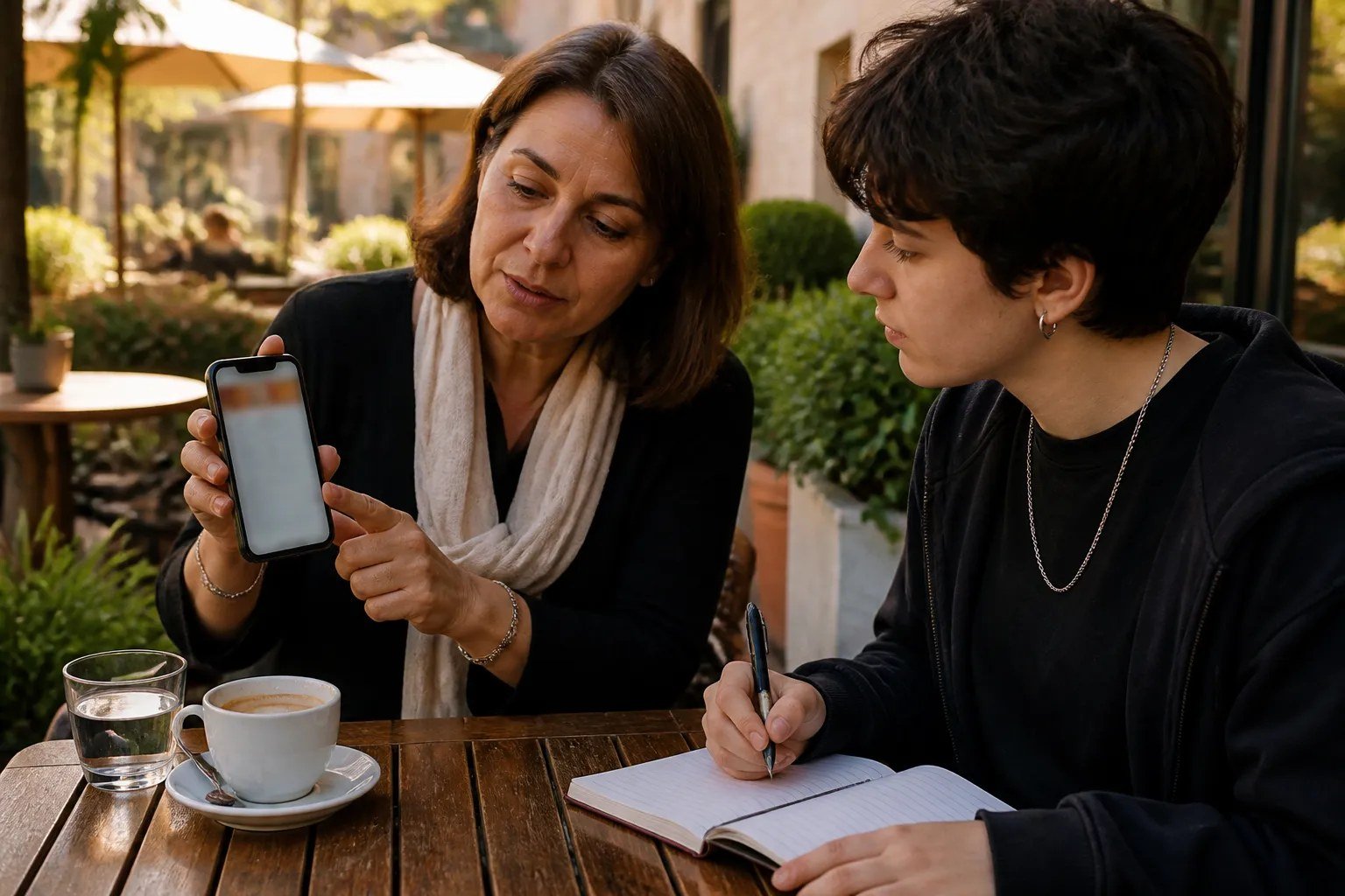 Kafe masasında telefonla bir siteyi deneyen kadın ve yanında not alan kişi, kullanılabilirlik testi