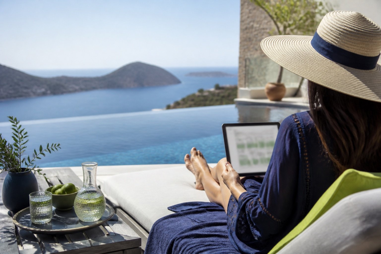 Kalkan'da sonsuzluk havuzlu lüks villa ve tablet üzerinde rezervasyon takvimi