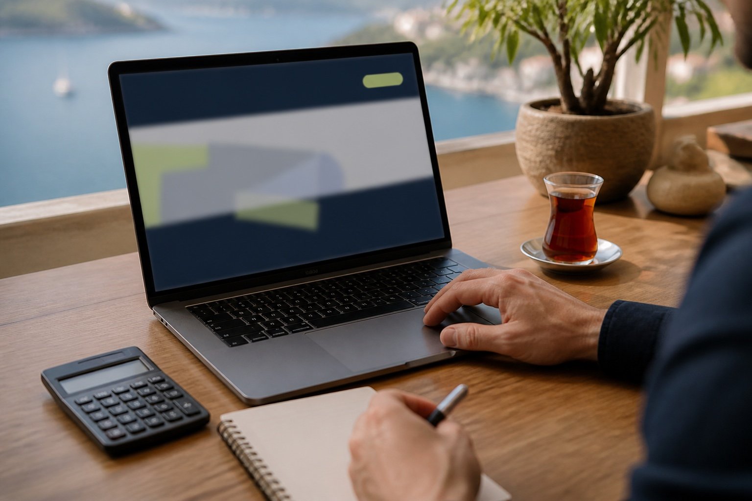 Laptop showing an abstract website mockup beside a calculator and a cup of Turkish tea