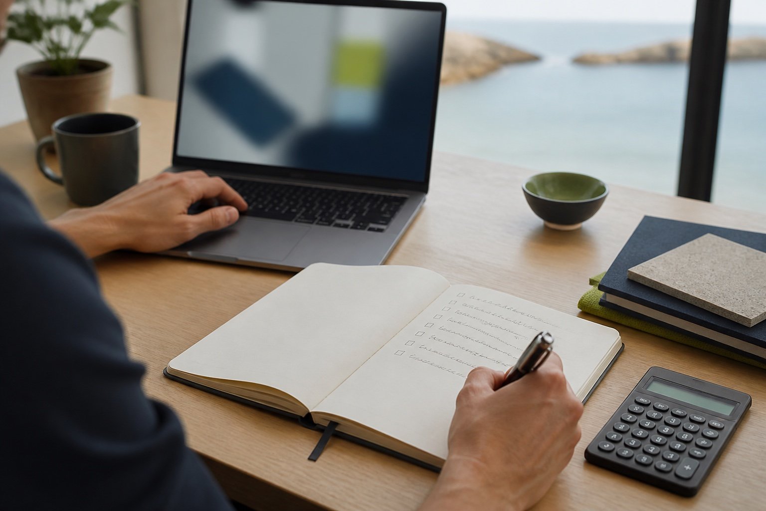Açık defter, hesap makinesi ve dizüstü bilgisayarla web sitesi bütçe planlaması