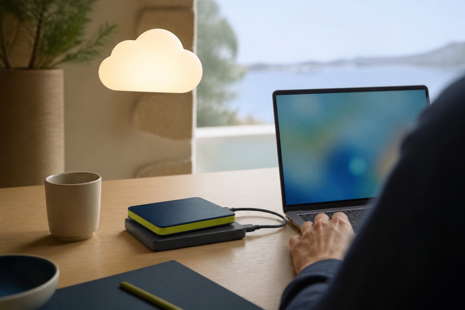 External drives beside a laptop with a soft cloud-shaped light above them