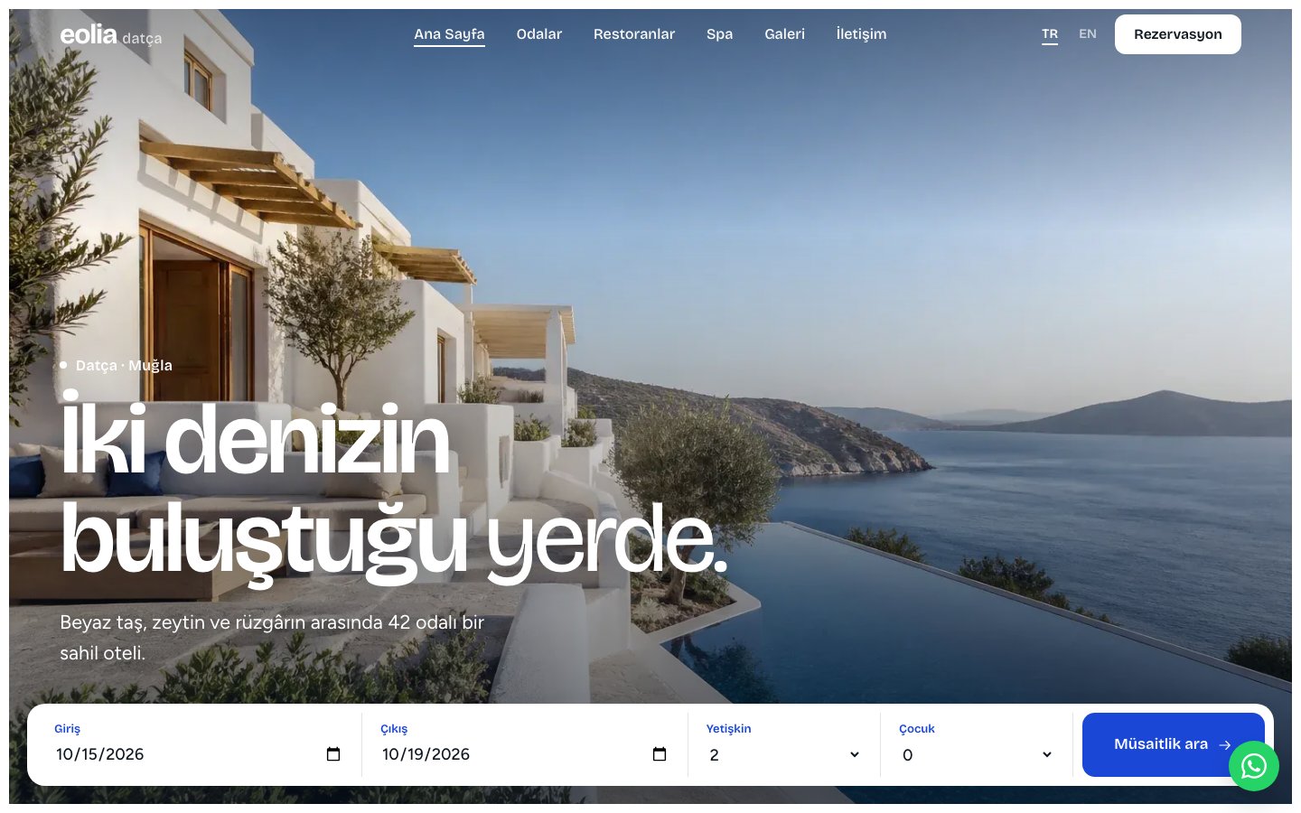 Eolia Datça otel web sitesi demosu ana sayfası, masaüstü: deniz manzaralı beyaz sahil oteli ve müsaitlik arama çubuğu