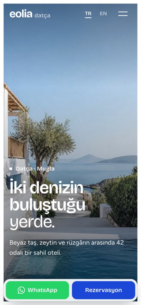 Eolia Datça otel web sitesi demosu ana sayfası, mobil görünüm ve alt rezervasyon çubuğu