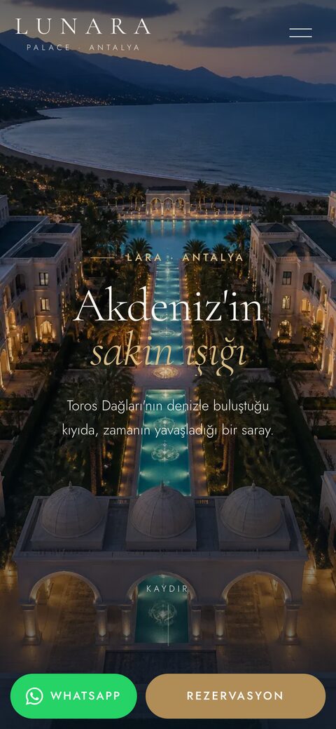 Lunara Palace otel web sitesi demosu ana sayfası, mobil görünüm ve alt rezervasyon çubuğu