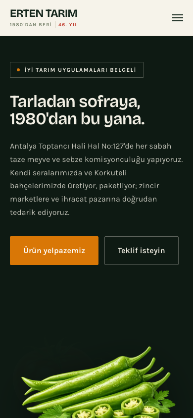 Erten Tarım web sitesi mobil görünümü